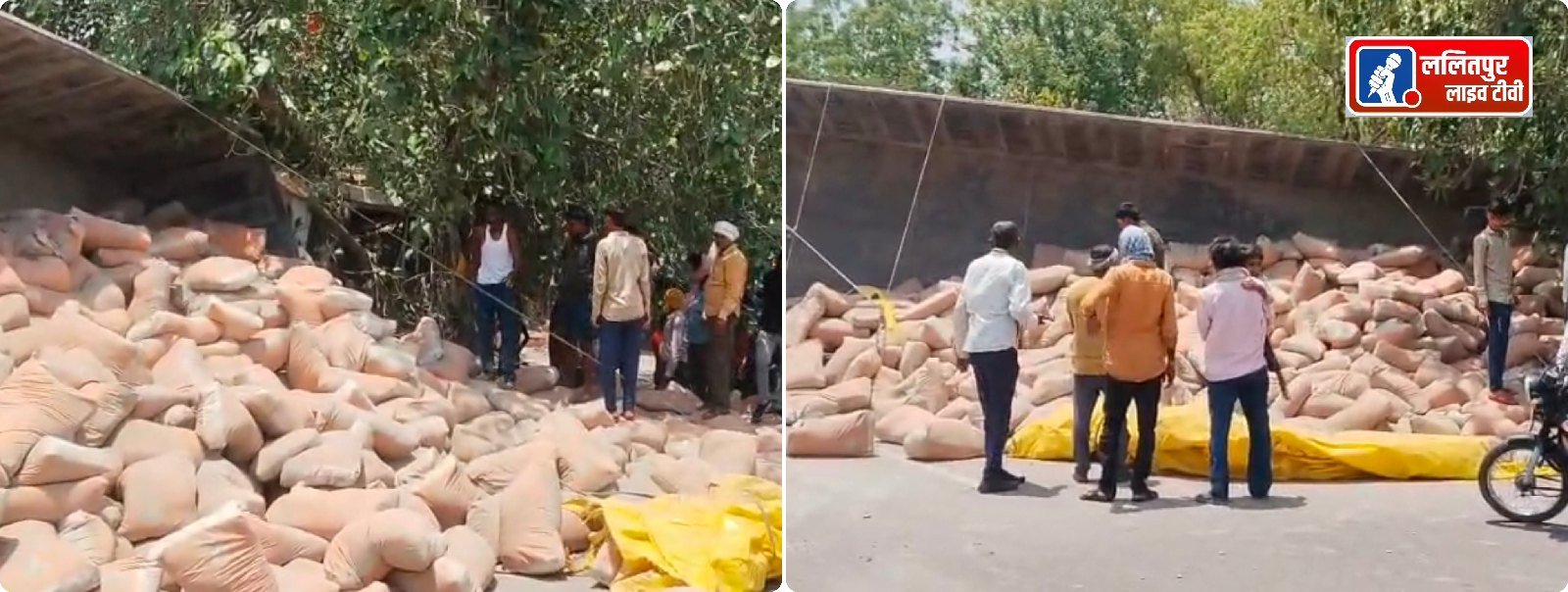 झांसी-खजुराहो फोरलेन हाईवे पर नींद की झपकी बनी हादसे की बजह, सीमेंट लदा कंटेनर पलट.