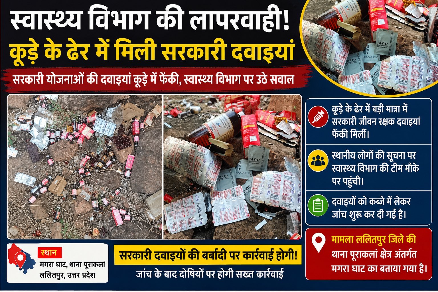 पूरा कलां में स्वास्थ्य विभाग की बड़ी लापरवाही: जंगल में कूड़े की तरह फेंकी मिली सरकारी दवाइयां किसान नेता के वीडियो से हुआ खुलासा