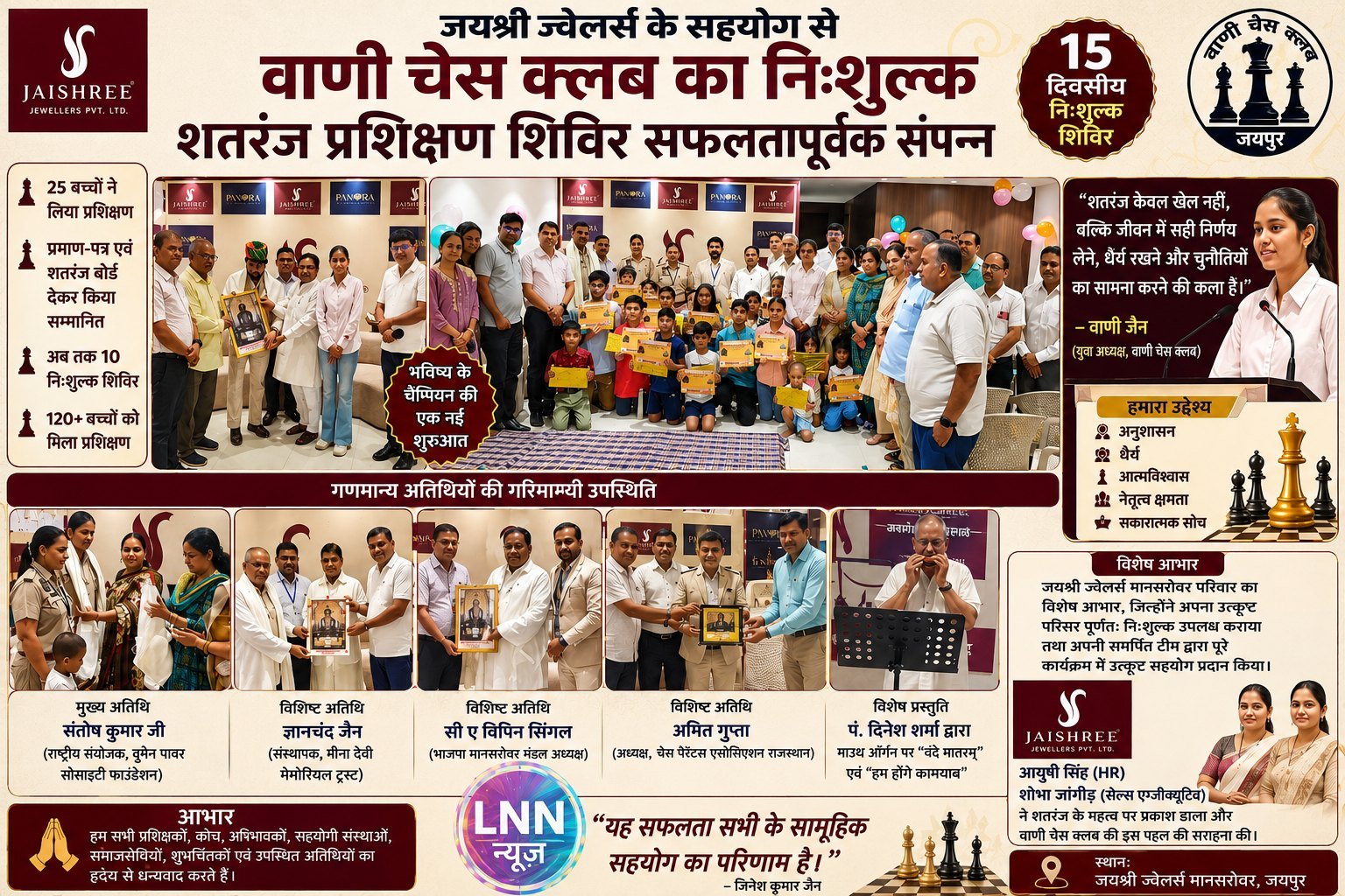 जयश्री ज्वेलर्स के सहयोग से वाणी चेस क्लब का निःशुल्क शतरंज प्रशिक्षण शिविर सफलतापूर्वक संपन्न: