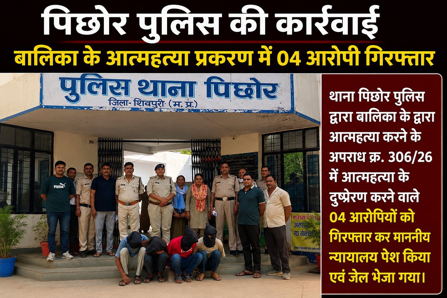 पिछोर पुलिस की बड़ी कार्रवाई: छात्रा आत्महत्या मामले में आत्महत्या के लिए दुष्प्रेरण करने वाले चार आरोपी गिरफ्तार, भेजे गए जेल
