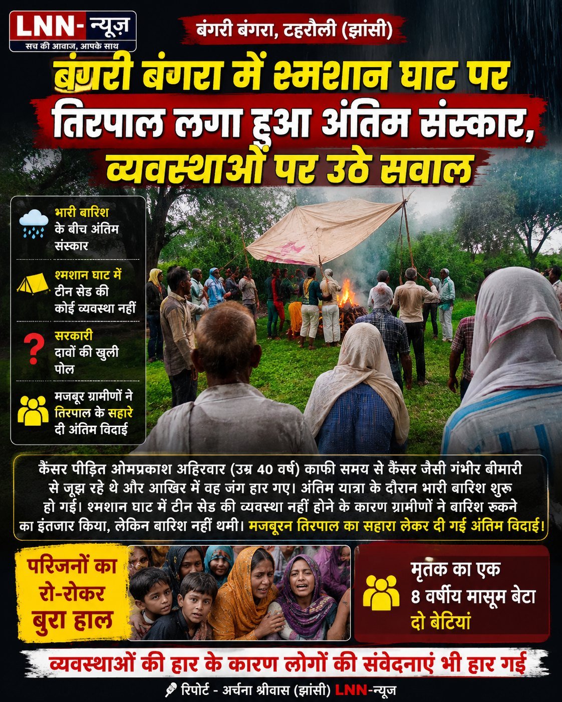 बंगरी बंगरा में श्मशान घाट पर तिरपाल लगा हुआ अंतिम संस्कार, जिसको लेकर प्रशासन की व्यवस्थाओं पर सवाल खड़े हो गए.