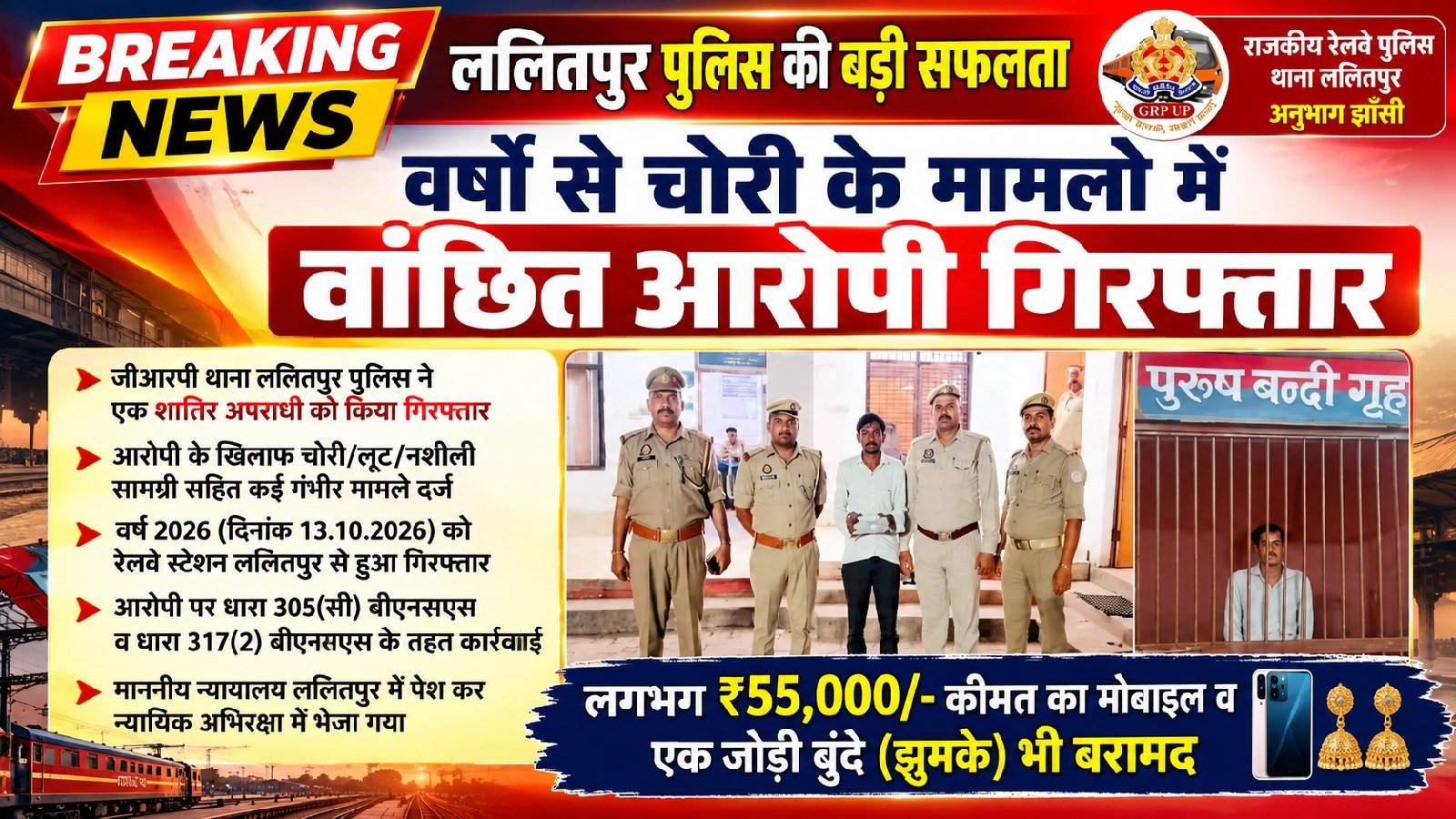 ललितपुर: जीआरपी ने चोरी के मामलों में वांछित आरोपी को किया गिरफ्तार, 55 हजार रुपये का सामान बरामद ललितपुर में जीआरपी ने चोरी